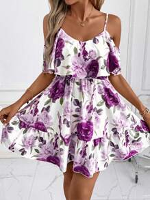 SHEIN Clasi 女士优雅花朵露肩连衣裙，适合日常外出和浪漫节日，春夏季 - 紫色 - 查看 6