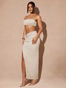 Silquee Women's Summer Light Apricot Sexy Short Twisted Tube Top And High Slit Waist Skirt Two Piece Set, Pool Party Wear Summer Beach Wear Women's Vacation Wear