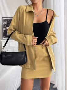 Chiquease 2 件装女式纯色前拉链上衣和裙子休闲装 - 卡其色 - 查看 4