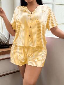 SHEIN 条纹蝴蝶结印花休闲纽扣大码睡衣套装 - 黃色 - 查看 6