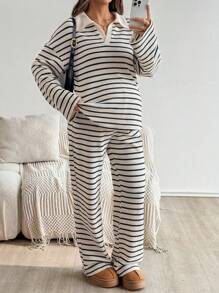 SHEIN Autumn And Winter 2pcs Maternity Casual Striped Loose Batwing Long Sleeve Top And Pants Sets