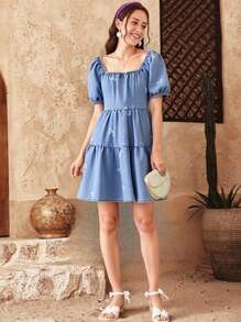 Teen Girls' Denim Dress, Puff Sleeve Bowknot All-Over Print Denim Blue Dress, Youthful Vibe And Design - Medium Wash - View 6