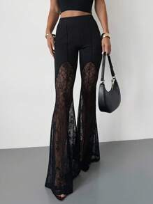 Firerie Pantalones de gasa ajustados y acampanados con parches de encaje elegantes, sexys y de cintura baja para vacaciones, graduación, festival de música y ciudad, verano