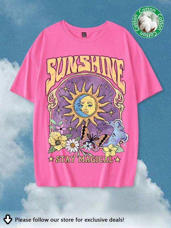 Tseoso Tricou casual oversized cu mânecă scurtă cu gât rotund Soare, Lună, Fluture și "Sunshine" pentru femei, potrivit pentru vară