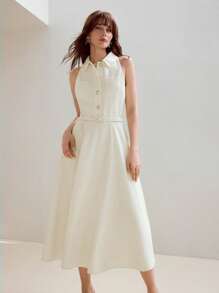 MOTF PREMIUM SOLID PATCH POCKET BUCKLE BELTED BUTTON FRONT SLEEVELESS DRESS