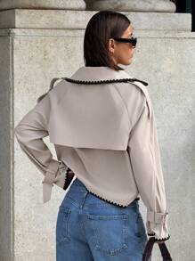 Siren Gaze 女式秋季撞色贝壳边刺绣休闲风衣，适合外出、返校、乡村音乐会、波西米亚风、街头服饰、秋季、冬季 - 杏色 - 查看 2