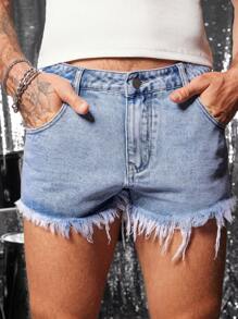FeverCity Men's Casual Raw Edge Denim Shorts For Summer - Blue - View 1
