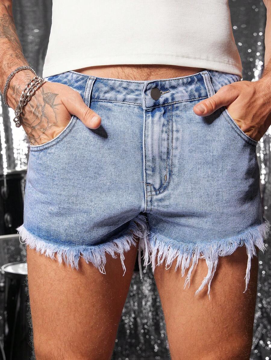 FeverCity Men's Casual Raw Edge Denim Shorts For Summer - Blue - View 1