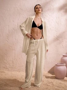 Swim Chiccia Áo choàng đi biển rộng rãi, màu trơn, có dây rút ở eo dành cho nữ (Chỉ có quần), mùa hè - Màu be - Xem 5