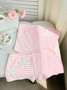 SHEIN Comfortcana Áo len bandeau thêu họa tiết sao biển sọc hồng dành cho nữ và quần short cùng tông, phong cách nghỉ dưỡng bãi biển, bộ đồ mùa hè 2 món - Hồng - Xem 4