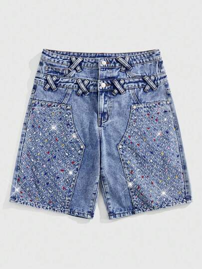 ROMWE Avant Men's Diamond Studded Casual Denim Shorts