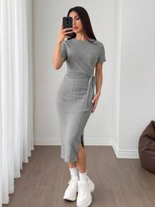 SHEIN EZwear Sukienka damska w rozmiarze plus size, jednokolorowa, z okrągłym dekoltem i krótkim rękawem, wiązana z boku, z bandażem i linią A - Szary - Zobacz 5