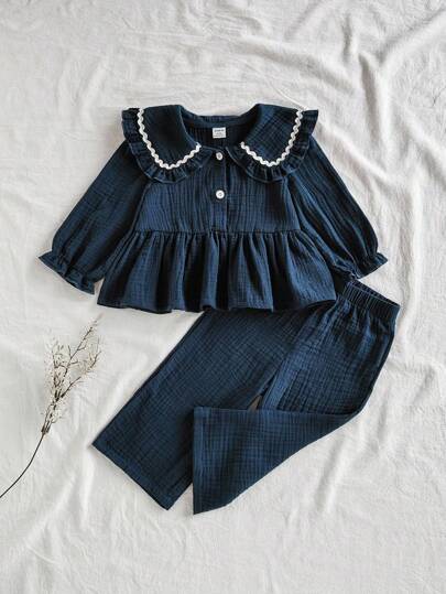 SHEIN Vintaside Kids 2 件套女婴休闲学院风翻领长袖上衣和裤子套装，适合春秋季日常穿着