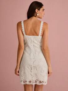 Enchnt 夏/秋浪漫女士白色花朵镂空刺绣蕾丝甜心颈带可爱迷你连衣裙 - 白色 - 查看 7