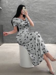 Feyla 女士优雅蝴蝶印花修身长裙，夏季 - 灰色 - 查看 5