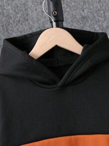 2pcs/Set Tween Boy Casual Hooded Color Block Sweatshirt And Pants Set