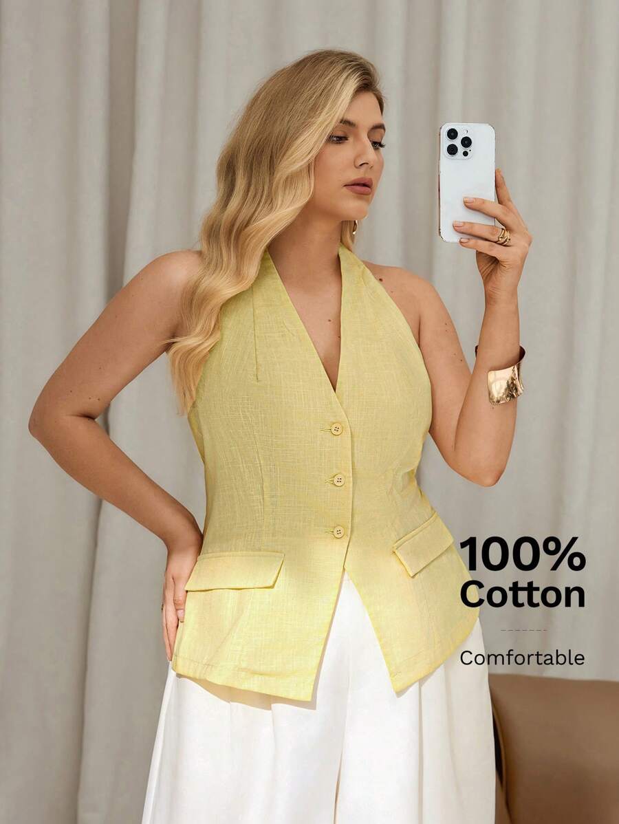 Auralis Plus Size Women's Elegant Summer Halter Neck Button Yellow Top,100% Cotton Office Business Casual Butter Yellow Tops,Daily Vacation Cruise - Yellow - View 1