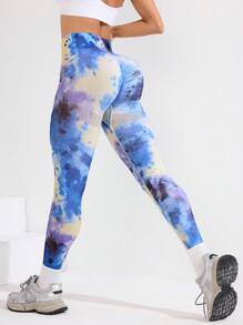 SHEIN Sports Quần legging in họa tiết tie-dye cạp cao không đường may, quần tập luyện thời trang - Nhiều màu - Xem 3