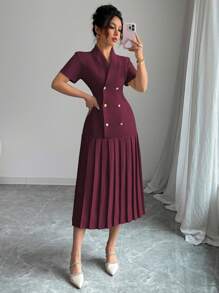 Elenzga Women's French-Style Elegant Office Casual Business Party Short Sleeve Dress, Collared, Metal Button, Empire Waist, High-Quality, Spring/Summer - Maroon - View 7