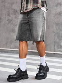 Manfinity LEGND Plus Size Men's Pocket Design Frayed Bermuda Casual Denim Shorts Grey Jean Shorts Men Men Casual Washed Denim Shorts Tropical Hang Out Street - Grey - View 5