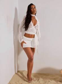 Opulessa Women's Floral Lace Long Sleeve Cropped Sexy Fitted Blouse Holiday Outfits Summer Outfits Vacation White Lace Top Lace Long Sleeve Top White Sheer Top Lace Wrap Top White Lace Crop Top