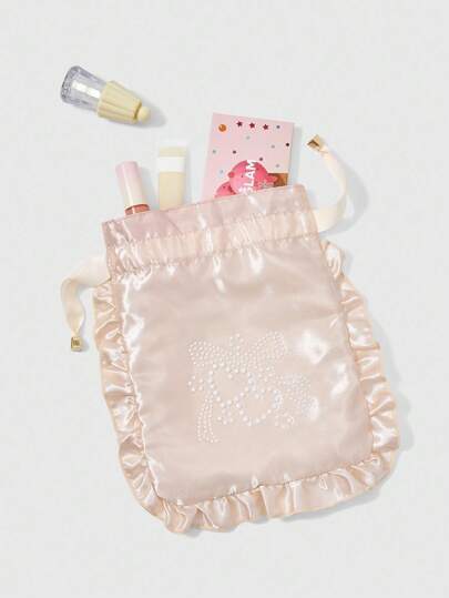 Kawaii Embroidered Pearl, Heart & Bow Makeup Bag, Travel Underwear Storage Pouch With Drawstring