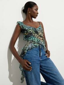 Aveloria Modichic Tropical Fantasty Green Leopard Ruffle Trim Asymmetric Spaghetti Strap V-Neck Sleeveless Blouse, Multi-Layer Drape Ruffle, Music Festival Party Fierce Sexy Cami Tops For Ladies