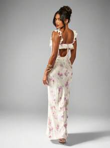 MISSGUIDED Watercolor Floral Print Satin Maxi Dress Ruffle Trim Empire Waist Wedding Guest Spring Summer Garden Party Occasion Gown - Multicolor - View 2