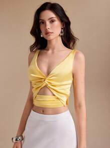 KHADIJA Solid Color Satin Knot Ruched Sleeveless Sexy Women Summer Backless Yellow Top