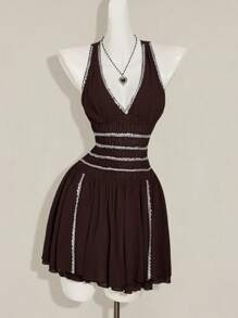 SHEIN ICON 女式夏季无袖交叉后腰收腰迷你连衣裙 - 咖啡棕 - 查看 3