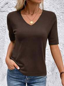 SHEIN Clasi 女士夏季休闲纯色V领短袖针织毛衣，百搭 - 咖啡棕 - 查看 6