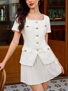 Vintamour Vintage Retro Elegant Women Metal Button Decor Square Collar Short Sleeve Casual Blazer Work Vacation Summers For Women Vacations Woman Business Casual Woman Going Out Tops Women Vacations Women Country Concert Birthdays For Women Offices For Women School Clothes Teachers For Women Whites For Women Button Up Shirt Women Churchs Women Fall Festivals For Women