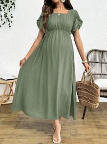 SHEIN 孕妇休闲纯色方领荷叶边花瓣袖束腰连衣裙