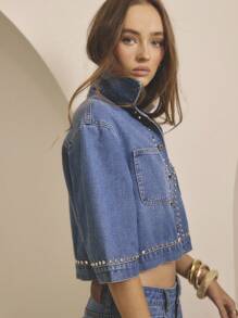 Aralina Camisa de mezclilla con detalles de tachas, manga corta para invierno/verano - Azul lavado medio - Ver 7