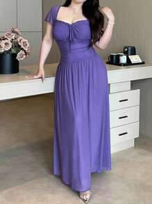 Flirla 大码女式方领荷叶边下摆短袖不对称 A 字形网眼覆盖长裙，优雅复古休闲度假连衣裙 - 紫色 - 查看 4