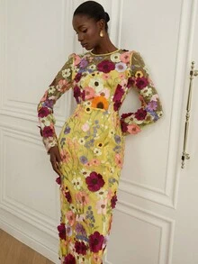 Aveloria Rosie Đầm dự tiệc sinh nhật trang trọng cổ tròn tay dài thêu hoa 3D thiết kế ngẫu nhiên - Màu vàng - Xem 1