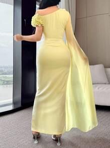 Feyla Women's Elegant Exaggerated Ruffle Asymmetrical Shoulder Split Dress - Yellow - View 3