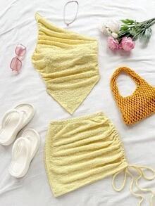 Soleia Vacation Knit Textured Criss-Cross Halter Neck Asymmetric Camisole + Knit Textured Drawstring Waist Bodycon Skirt Set Yellow Two Piece Set Summer Two Piece Set Knitted Two Piece Set One Shoulder Two Piece Set - Mustard Yellow - View 5