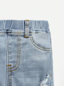 SHEIN 嬰兒男童彈性腰帶破洞牛仔褲,洗水款式