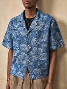 AKNOTIC Business Casual 年轻男士休闲宽松短袖开襟衬衫男士花衬衫男士夏季衬衫男士纽扣衬衫男士夏威夷衬衫男士热带衬衫 - 深色水洗藍 - 查看 6