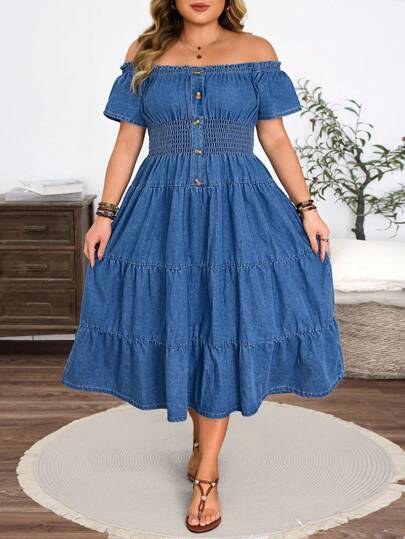 SHEIN 大码女式休闲宽松浅蓝色无弹力牛仔连衣裙，适合节日穿着