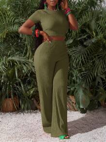 Slaydiva Bộ đồ thể thao giản dị cơ bản mới cho mùa xuân và mùa hè, áo phông ngắn tay cổ tròn + quần ống rộng siêu dài, họa tiết sọc đỏ hồng, vải dệt kim, dành cho nữ, bộ hai mảnh - I - xanh quân đội - Xem 5