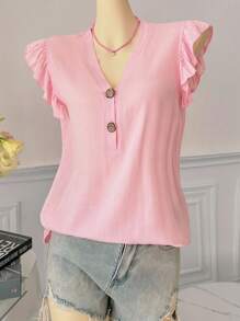 Blusa/Camiseta holgada de unicolor con escote en V para mujer, primavera/verano - Rosa - Ver 1