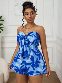 SHEIN PETITE CURVE 大码女士度假，春夏嘉年华邮轮假期，蓝色水彩剪影印花扭曲前露背宽松连体裤，派对 - 藍色 - 查看 5