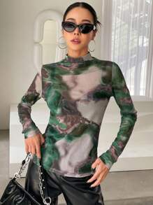DAZY 1pc Mock Neck Tie Dye Top Sheer Long Sleeve Women Tops Going Out Tops Women - Multicolor - View 7