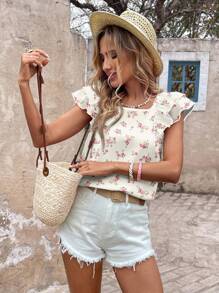 SHEIN LUNE Women's Casual Ditsy Floral Bow Back Ruffled Short Cap Sleeve Shirt, Suitable For Spring/Summer Everyday, Vacation, Ditsy Floral Suitable For Going Out