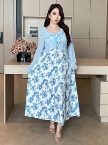 Flirla 2 件大码女式春夏套装：荷叶边领长袖纹理针织开衫 + 圆领褶饰蝴蝶结吊带花卉印花开衩喇叭裙，优雅复古休闲假日 - 藍白色 - 查看 7