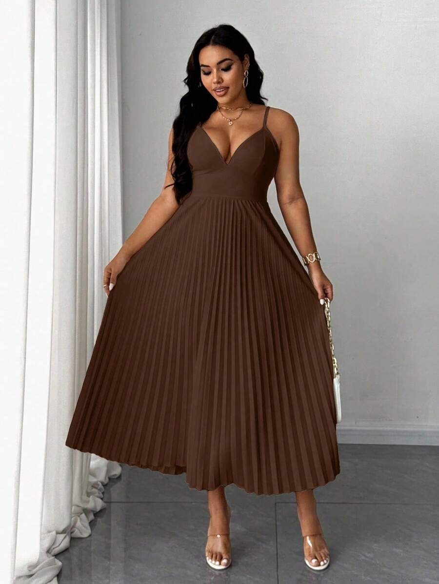 SHEIN Unity 大码优雅细肩带荷叶边露肩蝴蝶结连衣裙 - 咖啡棕 - 查看 1