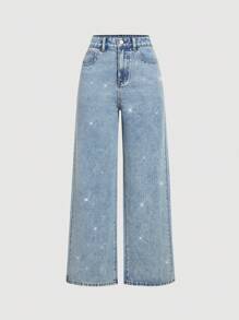 SHEIN CURVE+ Plus-Size Jeans BLINGBLING Diamond-Embellished Wide-Leg Pants Fashionable And Casual Wear - Light Wash - View 4