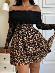 Cravure Plus Size Women's New Layered Ruffle Hem Loose Leopard Print Mini Skirt